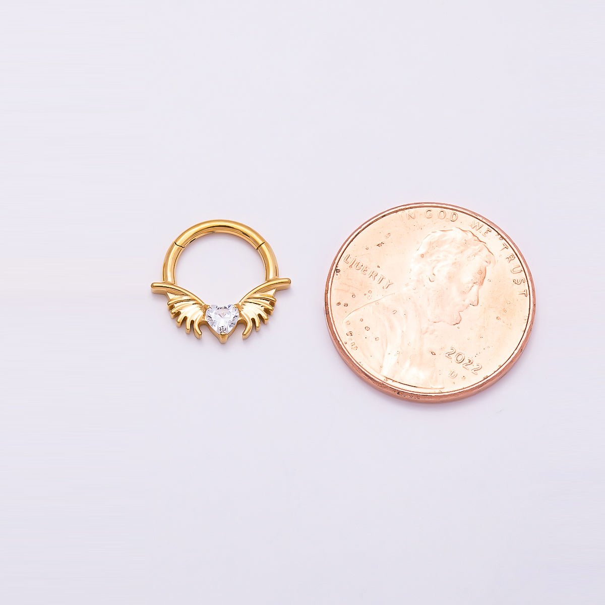 Titanium 12.5mm Clear CZ Heart Wings Single Septum Cartilage Piercing Clicker in Gold & Silver | Findings-00311 Findings-00312