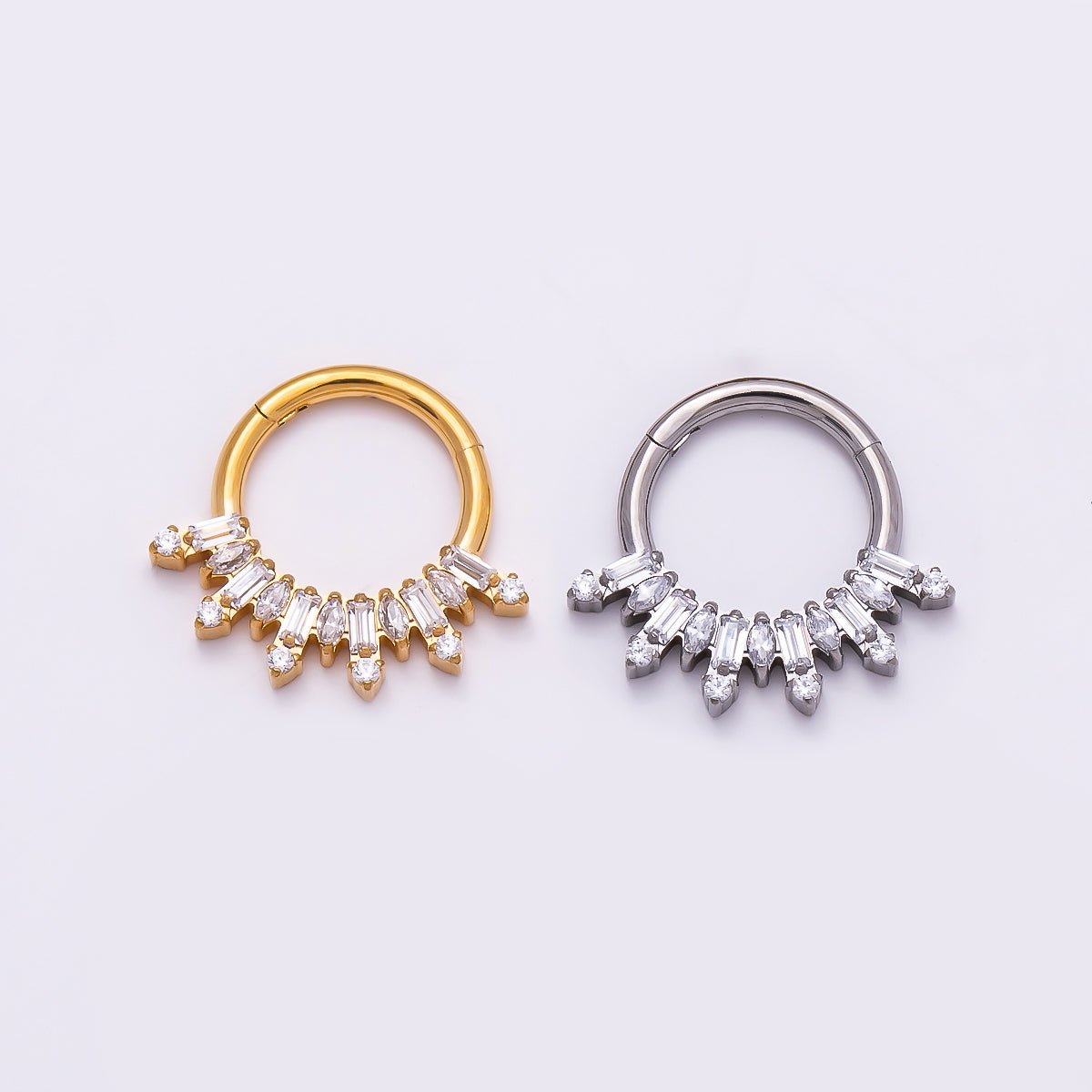 Titanium 13mm Clear CZ Baguette Single Septum Cartilage Piercing Clicker in Gold & Silver | Findings-00323 Findings-00324