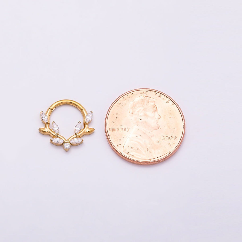 Titanium 13mm Clear CZ Marquise Leaf Single Septum Cartilage Piercing Clicker in Gold & Silver | Findings-00319 Findings-00320