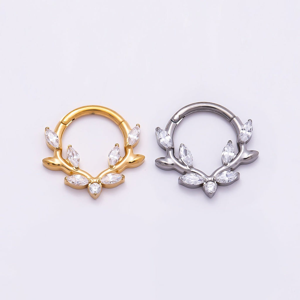 Titanium 13mm Clear CZ Marquise Leaf Single Septum Cartilage Piercing Clicker in Gold & Silver | Findings-00319 Findings-00320