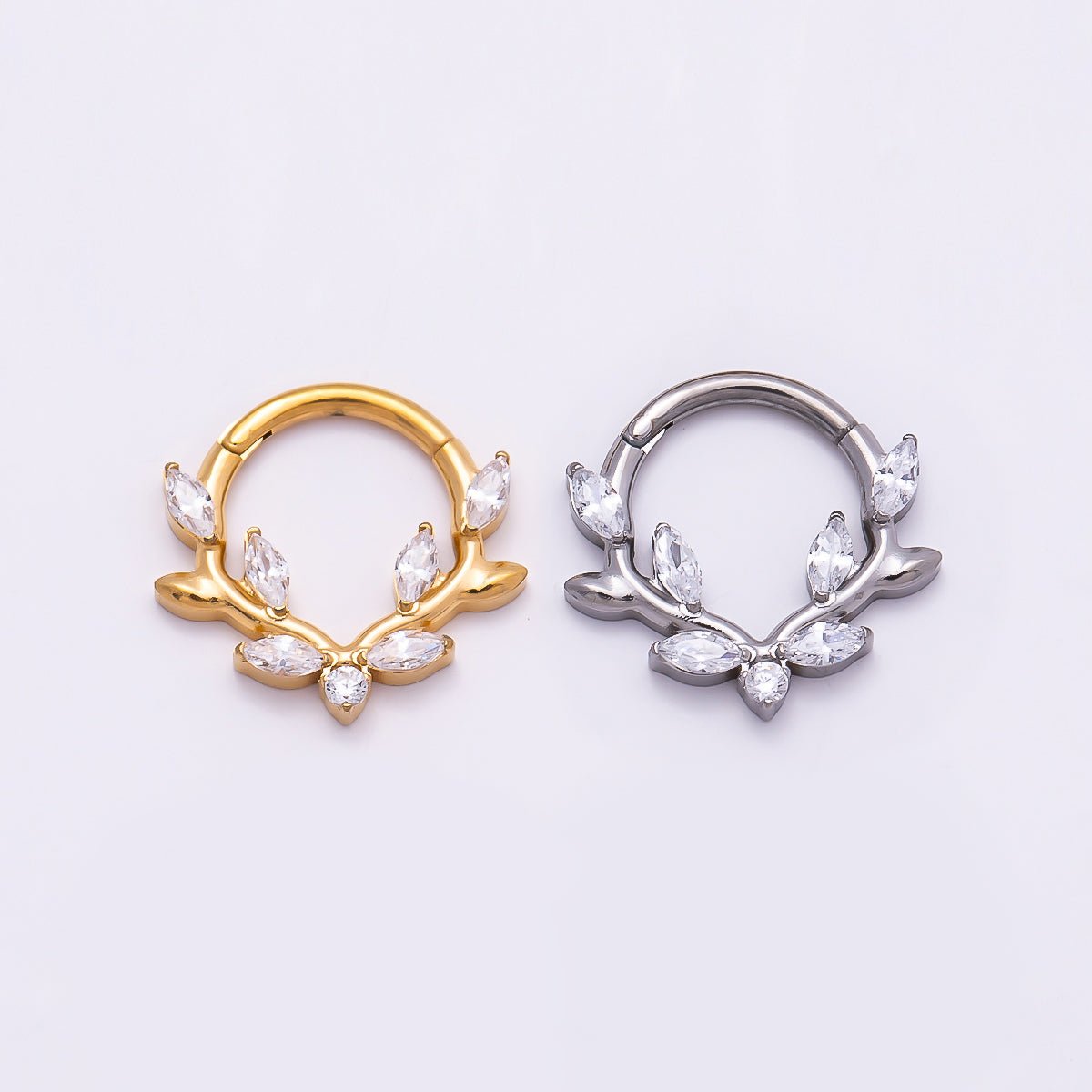 Titanium 13mm Clear CZ Marquise Leaf Single Septum Cartilage Piercing Clicker in Gold & Silver | Findings-00319 Findings-00320