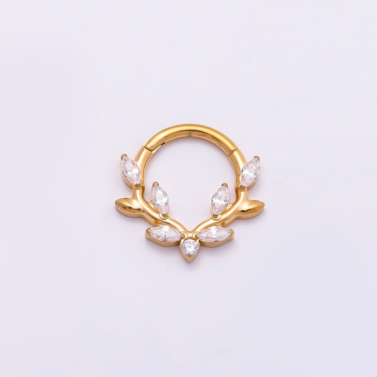 Titanium 13mm Clear CZ Marquise Leaf Single Septum Cartilage Piercing Clicker in Gold & Silver | Findings-00319 Findings-00320