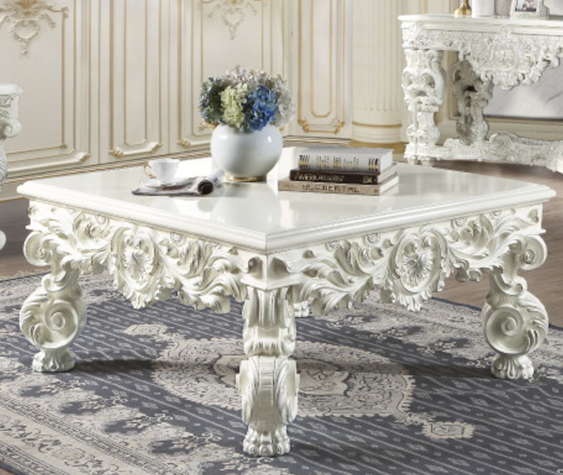 Elegant White Coffee Table with Sculptured Floral Legs - Antique White