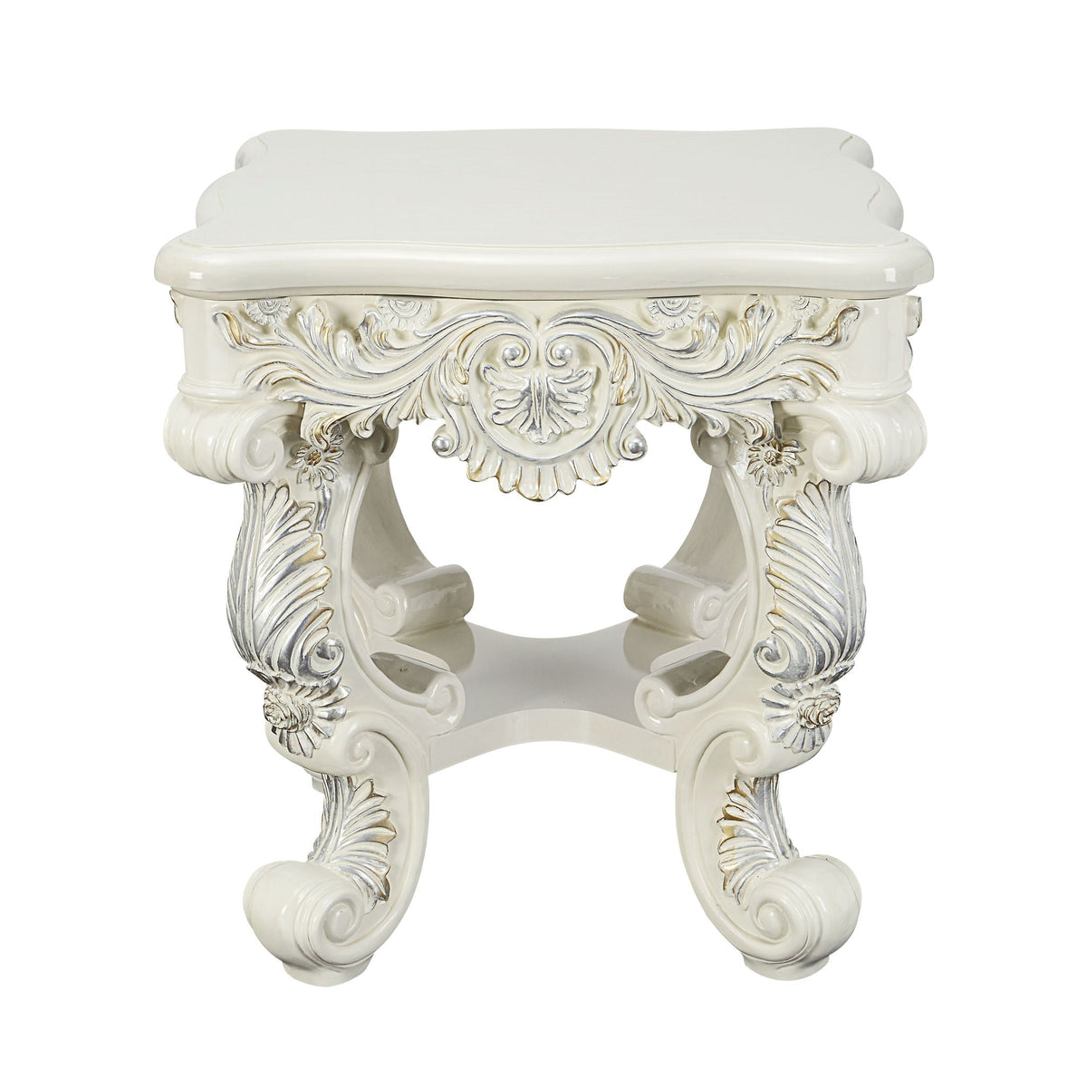 Elegant White Coffee Table with Sculptured Floral Legs - Antique White
