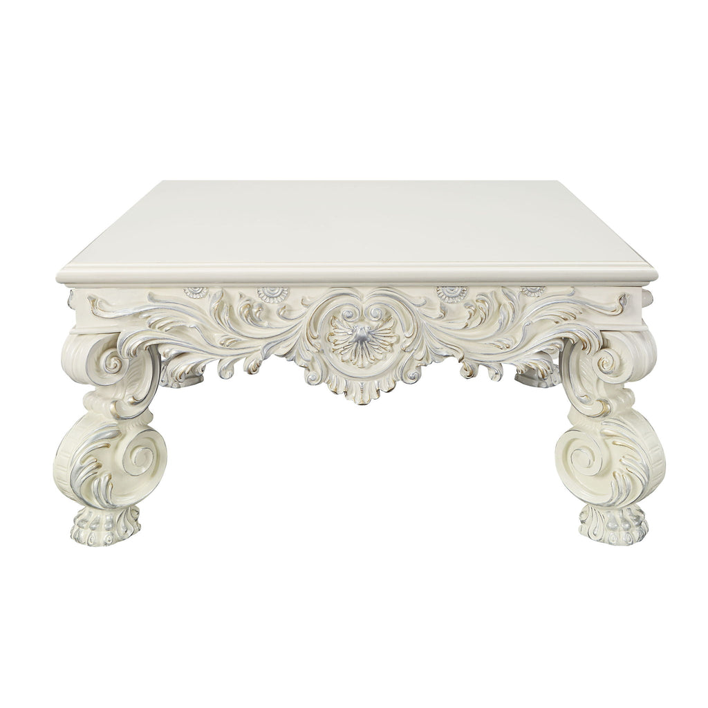 Elegant White Coffee Table with Sculptured Floral Legs - Antique White