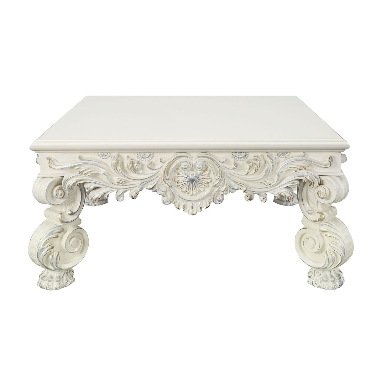 Elegant White Coffee Table with Sculptured Floral Legs - Antique White