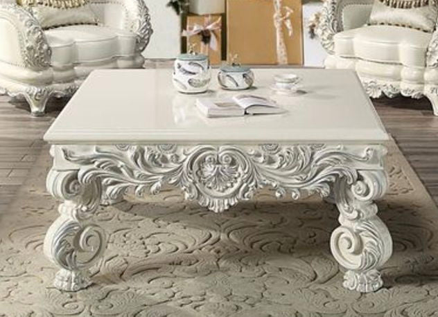 Elegant White Coffee Table with Sculptured Floral Legs - Antique White