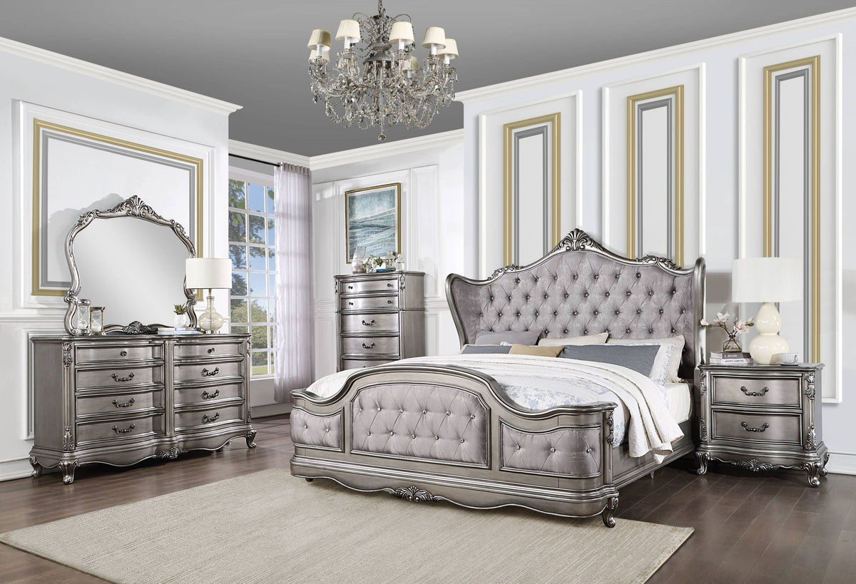 Pearl Silver Upholstered Bed with Luxurious Design - Queen, King, California King