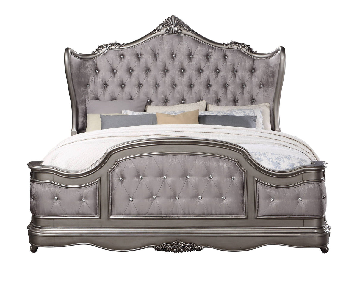Pearl Silver Upholstered Bed with Luxurious Design - Queen, King, California King