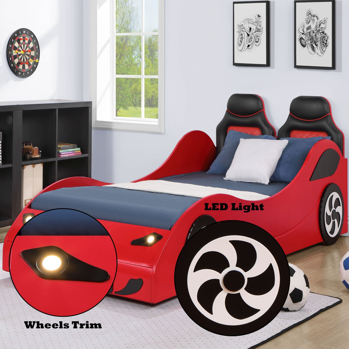 Twin Car Bed with LED Lights - Red or White