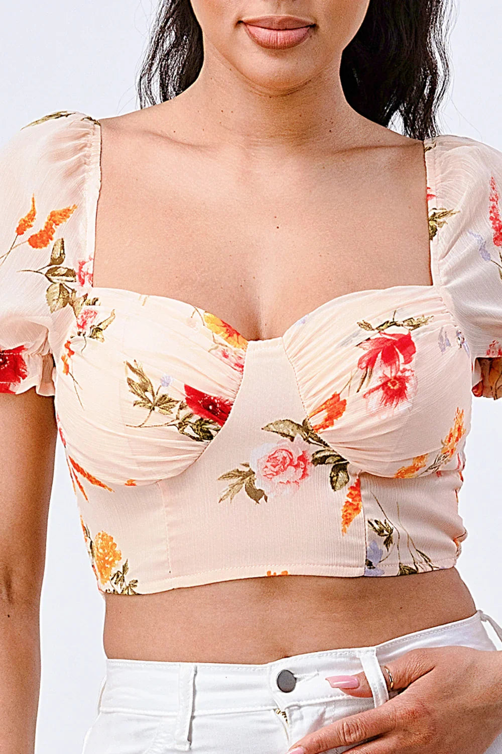 FLORAL CHIFFON SMOCKED SWEETHEART TOP