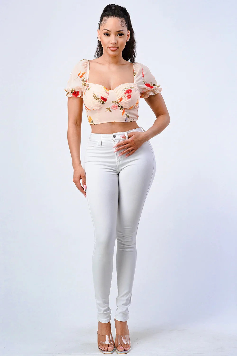 FLORAL CHIFFON SMOCKED SWEETHEART TOP