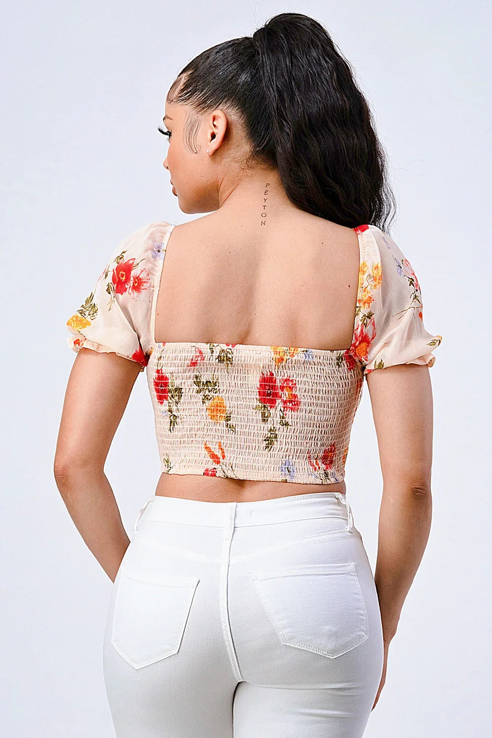 FLORAL CHIFFON SMOCKED SWEETHEART TOP