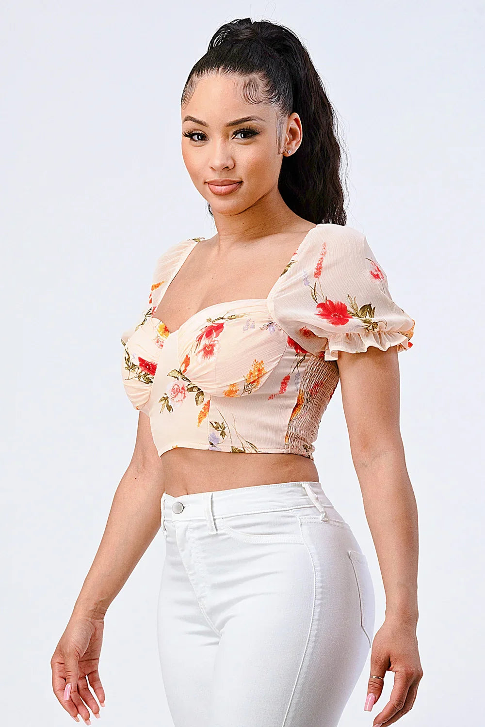 FLORAL CHIFFON SMOCKED SWEETHEART TOP