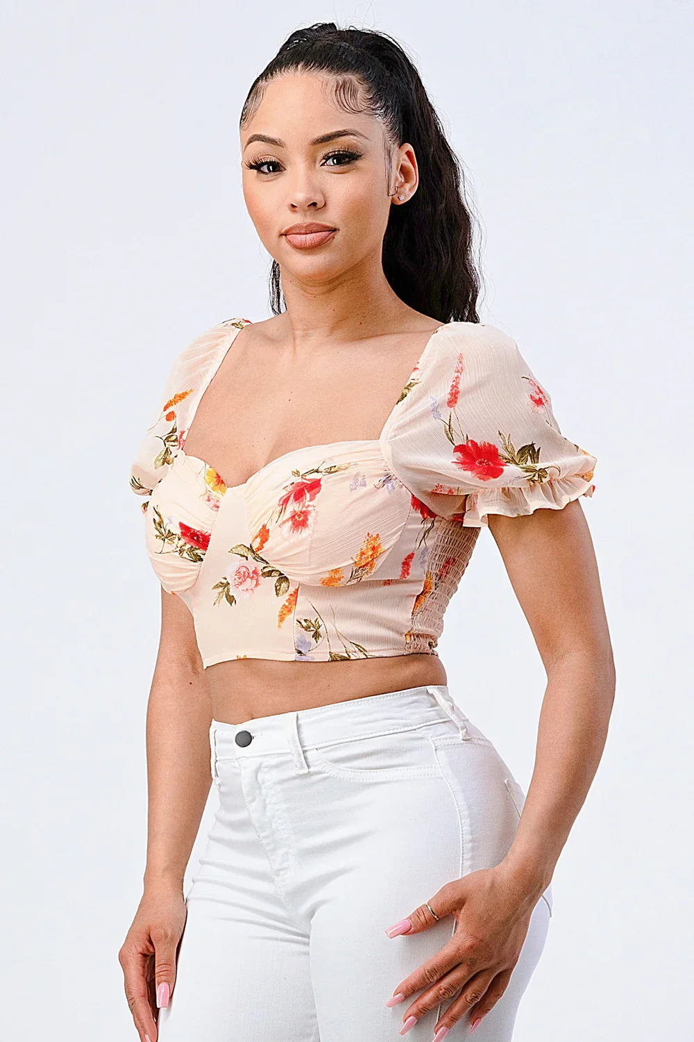 FLORAL CHIFFON SMOCKED SWEETHEART TOP