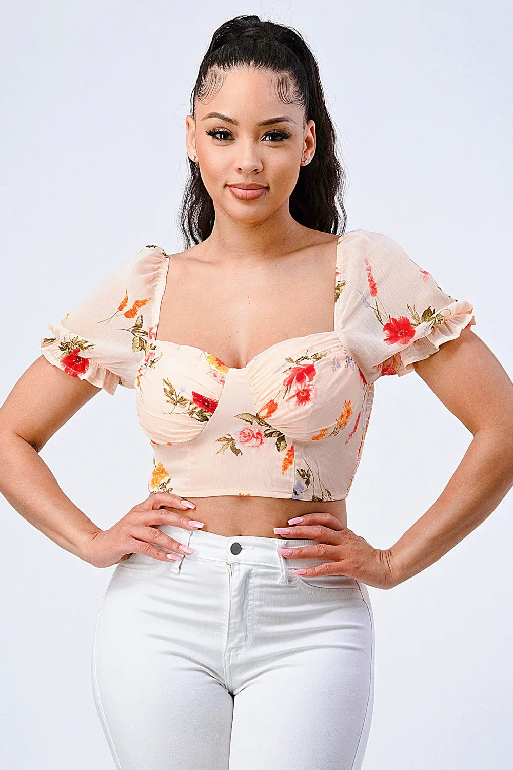 FLORAL CHIFFON SMOCKED SWEETHEART TOP