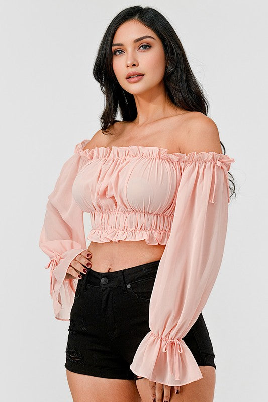 Off Shoulder Ruffle Trim Knot Sleeve Crop Top