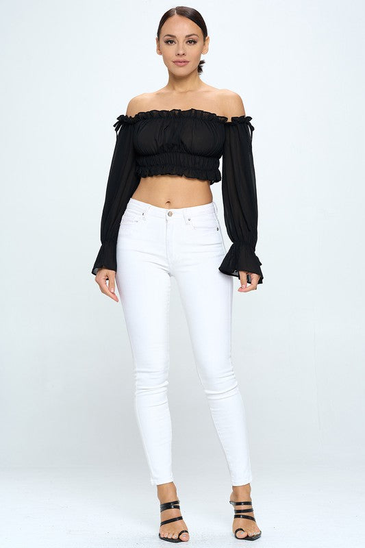 Off Shoulder Ruffle Trim Knot Sleeve Crop Top